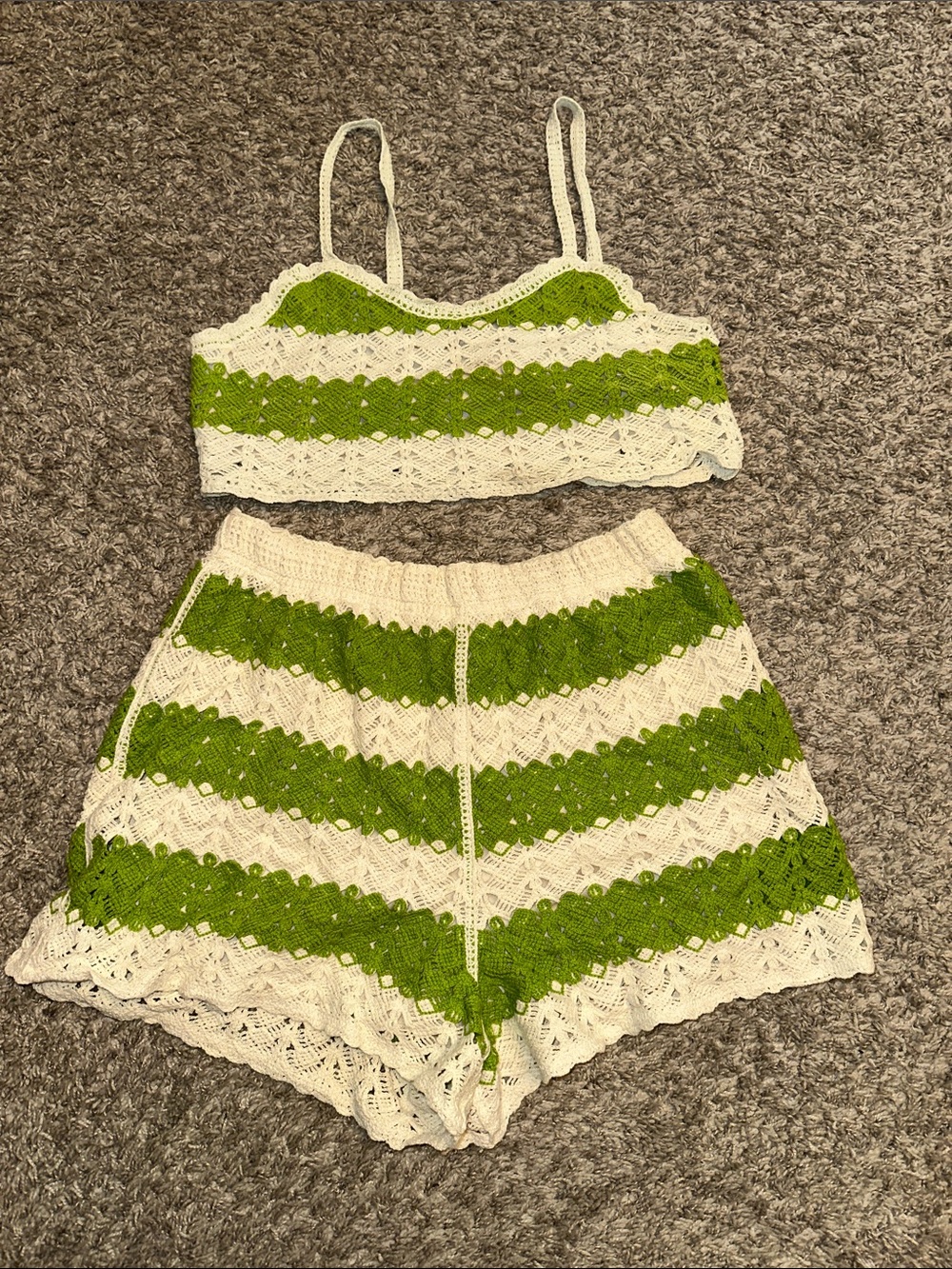 Crochet Two-Piece Set in Green and Cream